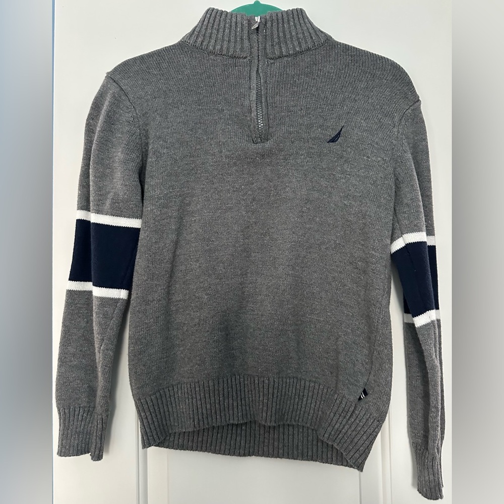 NAUTICA Size 10/12 Boys Quarter-Zip Gray Long Sleeve 100% Cotton Sweater